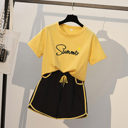 纯棉休闲套装女夏两件套短裤跑步宽松时尚韩版短袖运动服学生黄色