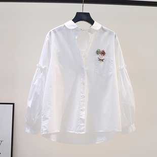 立体花朵单口袋(单口袋)白色，棉衬衣女木耳边灯笼，袖衬衫2023春季百搭上衣潮
