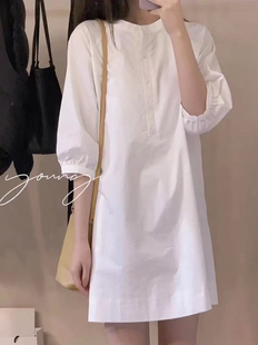 法式时尚白色衬衫连衣裙女夏泡泡袖高级感气质，圆领中长款裙子
