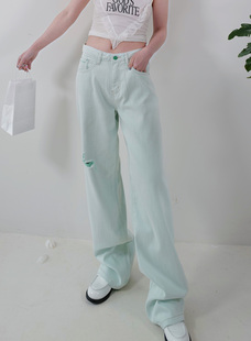 175高个子(高个子)加长浅绿色，阔腿牛仔裤女秋季高腰显瘦直筒垂感拖地裤子