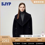 SJYP高端毛呢外套女2023冬季复古短款双排扣纯羊毛双面呢大衣