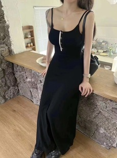 dacc韩国夏季无袖，设计感排口气质，黑色吊带裙辣妹中长款连衣裙女