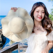 草帽太阳帽子女士网红时尚珍珠编织夏天遮阳防晒海边沙滩帽木耳边