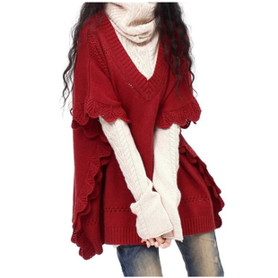 羊毛衫阿卡女装外套大红色大码披肩，蝙蝠袖慵懒毛衣，宽松针织上衣潮