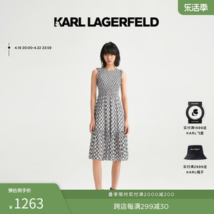 KARL LAGERFELD卡尔拉格斐印花雪纺连衣裙夏无袖收腰百褶裙老佛爷