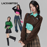 lacrawfish韩系马海毛，菱形镂空针织衫，辣妹截短露腰毛衣女冬季