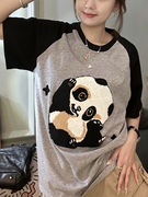 重工毛巾绣短袖T恤女2023夏宽松百搭卡通熊猫中长款大码上衣