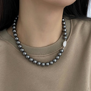 法国设计师Miss Choo 气质深灰色珍珠项链女百搭设计感毛衣链