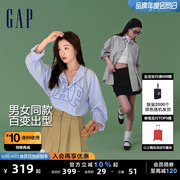 gap男女装2024夏季纯棉，logo条纹长袖，衬衫宽松廓形上衣461250