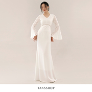 tansshop优雅白色蕾丝拼接礼服裙，v领喇叭袖，鱼尾长裙轻婚纱连衣裙
