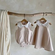 ins韩国夏季婴幼儿蕾丝娃娃领无袖，哈衣女(哈衣女，)宝宝薄棉连衣裙姐妹装