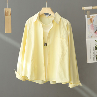 糖果色衬衫外套，女短款2024春季洋气小个子，高级感黄色衬衣上衣