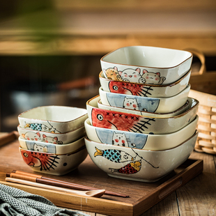 釉下彩日式方碗陶瓷碗米饭碗，大小号汤碗简约卡通，早餐碗调料碗