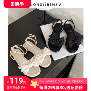 弄里人佳大码女鞋41-43凉鞋夏平底(夏平底)蝴蝶结，甜美风4042加宽胖脚