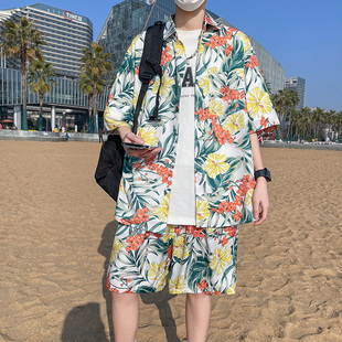 冰丝花衬衫男夏季薄款高级感短袖衬衣宽松夏威夷休闲度假沙滩套装