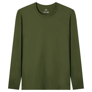 纯棉长袖t恤男基础款纯色，秋季打底衫宽松内搭薄款圆领上衣军绿色