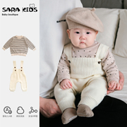 婴儿春装宝宝套装，婴幼儿北欧风纯色，针织背带裤条纹毛衣两件套