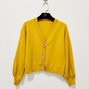 任3件C3196超软黄色单排扣针织衫外套女装秋冬V领蝙蝠袖短款