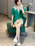 娃娃领棉麻短袖衬衫，女蕾丝拼接宽松休闲绿色，上衣2023夏季欧货