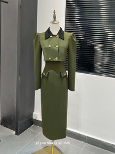 绿色复古小香风套装裙女2023秋季高端显瘦吊带裙短外套两件套