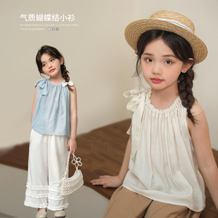 陈大猪女童娃娃衫2024夏季无袖衬衫洋气时髦儿童小衫上衣