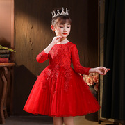 3-13岁花童装蓬蓬裙红色礼服，蕾丝裙女童连衣裙，春秋款网袖儿童公主