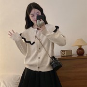 秋季韩系学院风娃娃领撞色宽松针织衫，外套大码荷叶，边气质感上衣潮