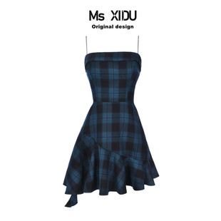 msxidu原创特殊蓝绿色系，!波浪下摆，格子吊带裙打底抹胸裙春夏裙