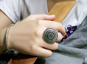 超炫民族风925纯银指环植物花卉复古个性珐琅釉食指中指戒指女