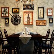 美式复古照片墙装饰创意，鹿头相框墙带钟表，组合餐厅背景相片墙挂饰