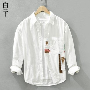 日系印花小众设计感长袖衬衫男宽松高级感休闲全纯棉衬衣外套白色