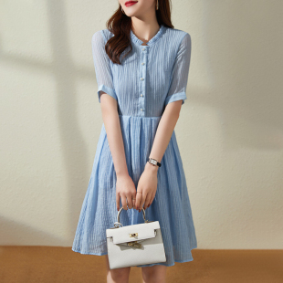 浅蓝色连衣裙2024夏法式高级感收腰小个子气质优雅衬衫A字裙