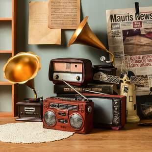 复古酒柜摆件设老式留声机收音机模型拍照道具酒吧家居创意装饰品