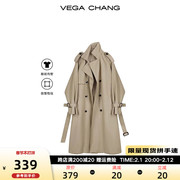 vegachang卡其色风衣女，2024春秋韩版中长款大衣垂感休闲外套