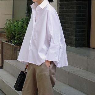 夏装长袖衬衫女韩版宽松大码纯棉，白色斗篷型蝙蝠，袖时尚衬衣潮