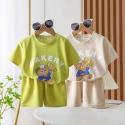 儿童短袖套装夏季男女童薄款韩版华夫格两件套婴幼儿休闲童装