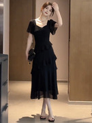 法式黑色方领网纱雪纺连衣裙，女2023夏季赫本风荷叶边垂感裙子