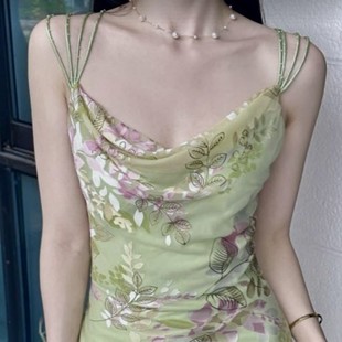 独家自制vintage复古烂花绡，钉珠吊带斜裁连衣裙，春天一抹绿长裙