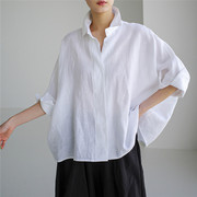 夏季七分袖衬衫女中长款宽松大码纯棉学院风韩版休闲白色衬衣