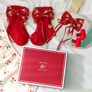 中国风女宝宝红色发夹中式婴儿发饰袜子套装百天周岁宝宝花朵头饰