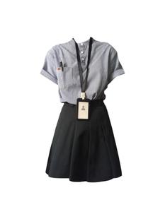 大码胖mm休闲通勤套装夏季复古条纹刺绣衬衫+a字半身裙港风两件套