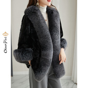 高端品牌水貂毛皮草一体，大衣2023轻奢女装冬季狐狸，毛领外套潮