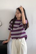 labyou夏季紫色条纹短袖t恤女2023夏季韩系百搭显瘦上衣