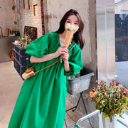 Lecea Alice绿色连衣裙2023夏季韩版宽松圆领泡泡袖抽绳长裙