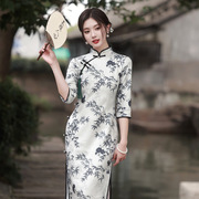 水墨旗袍春季女中式麂皮绒印花高端优雅气质显瘦日常旗袍裙