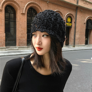 春秋帽子女薄款镂空包头帽(包头帽，)针织时尚，套头帽韩版户外透气单层毛线帽