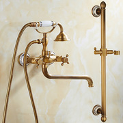 仿古淋浴龙头铜欧式淋浴喷头套装带升降杆，浴室加长浴缸水龙头套装
