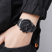 士三眼个性手表胶带大表盘气质表带男时尚不锈钢石英钢带国产腕表
