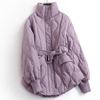 紫色绗线中长款系腰带，显瘦立领外套，冬季长袖百搭女羽绒服b619