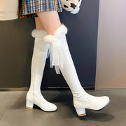 2023秋冬季兔毛高筒骑士靴拉链女士高跟长靴显瘦粗跟过膝靴子
